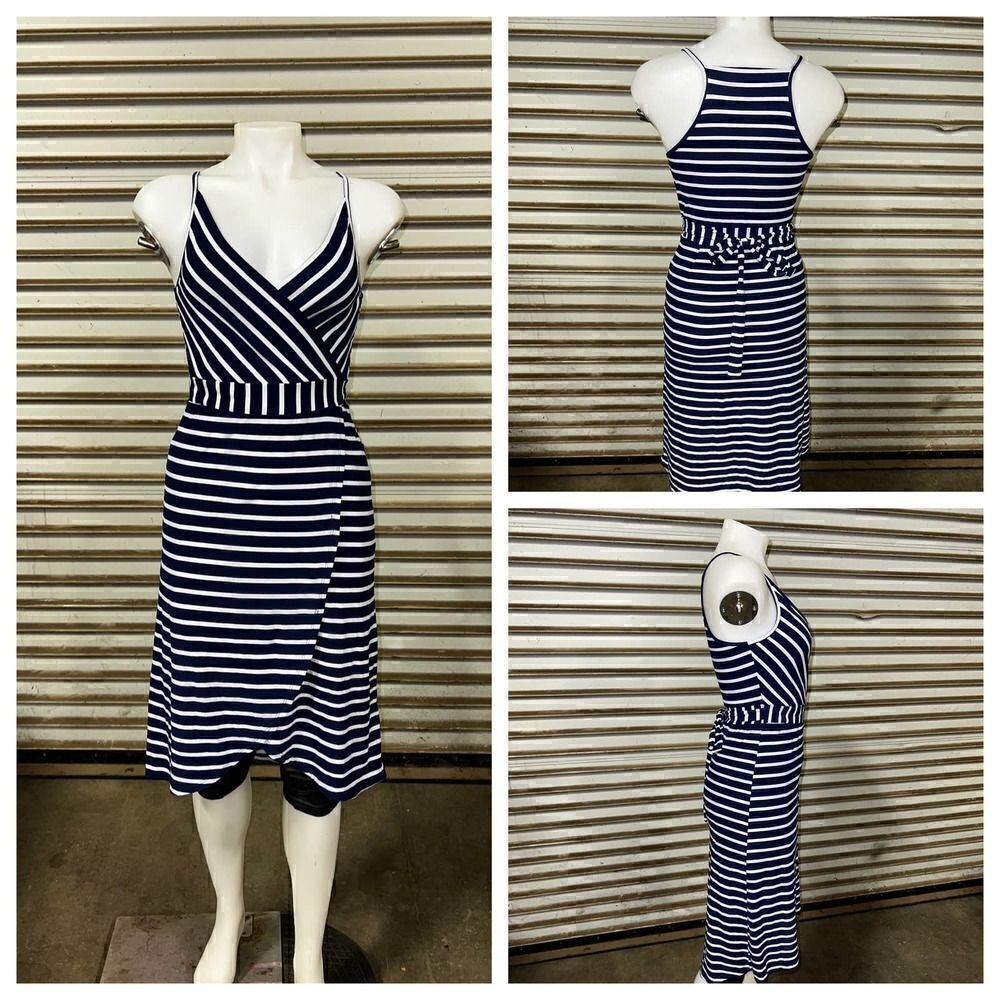 Derek & Heart dress career tie front crossover wrap tank striped navy white soft